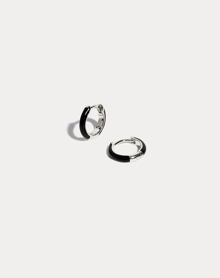 Black Enamel Silver Hoop Earrings